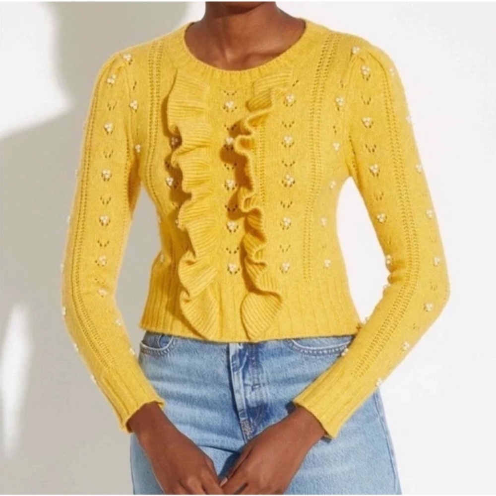 NWT Industry Ruffle Front Pointelle Pearl Crew Neck Size Medium Petite